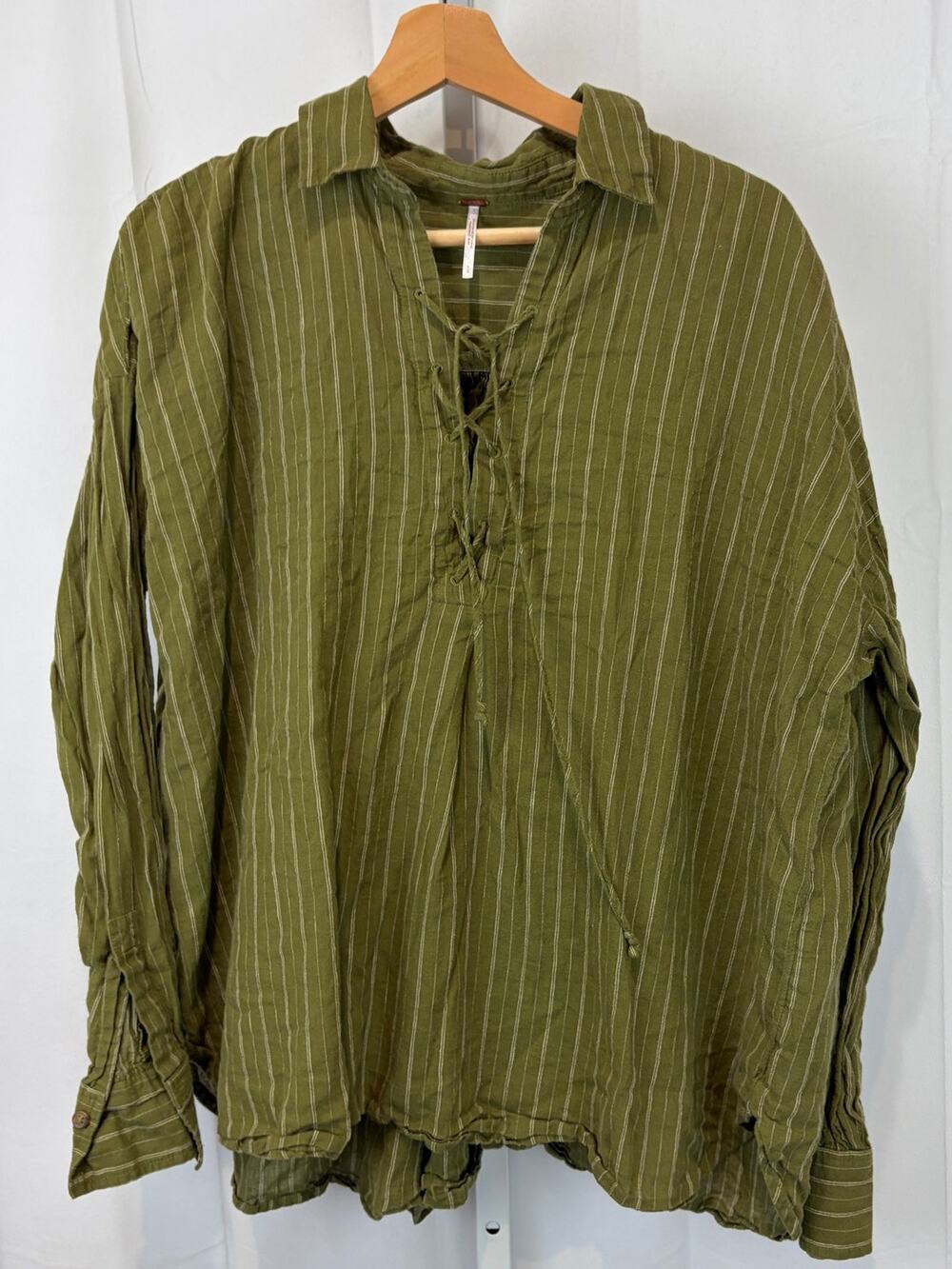 FREE PEOPLE Under the Boardwalk Lace Up Popover Top Striped Linen Cotton Green L